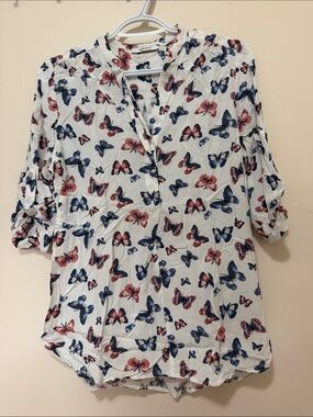 mandee White Blouse with Blue & Pink Butterfly Print